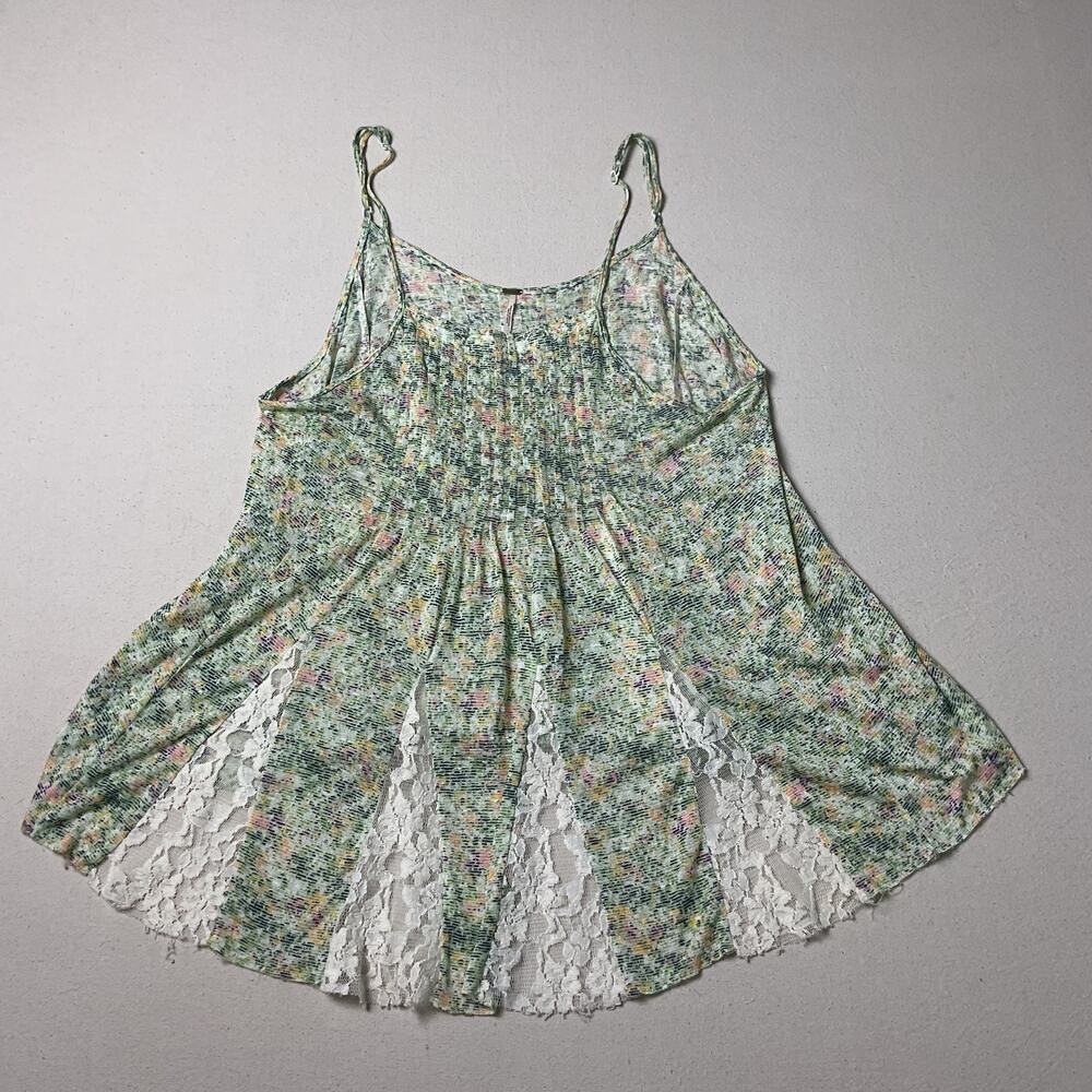 Free People Green Floral Lace Trim Halter Tank Top Large